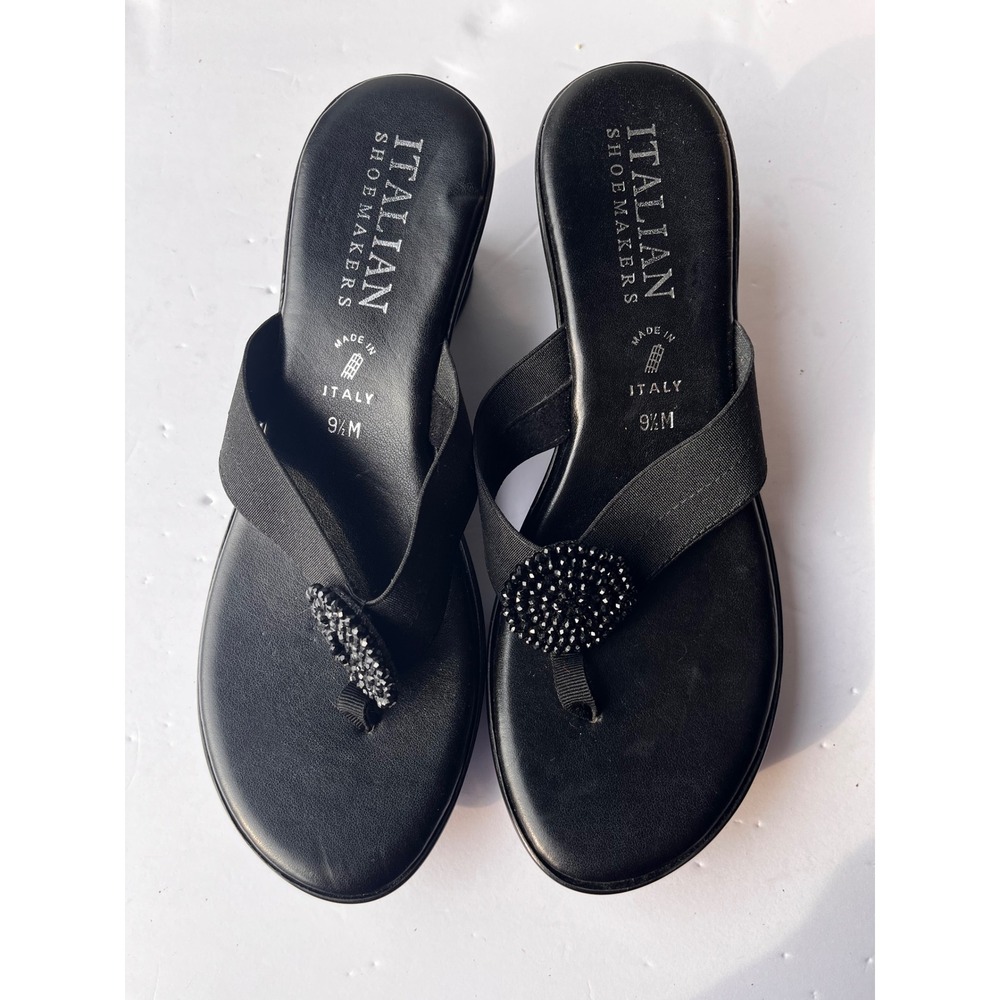 Italian Shoemakers Womens Black Wedge Sandals Beaded Elastic Straps Size 9.5